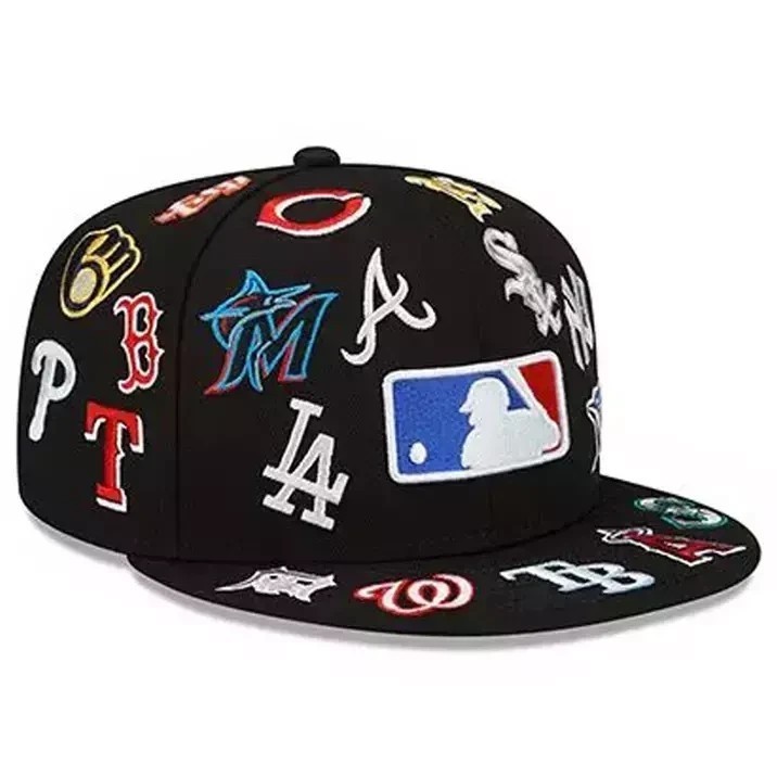 MLB Teams Patch Logos All-Over Black/White 59FlFTY Fitted Cap-5950 Hat
