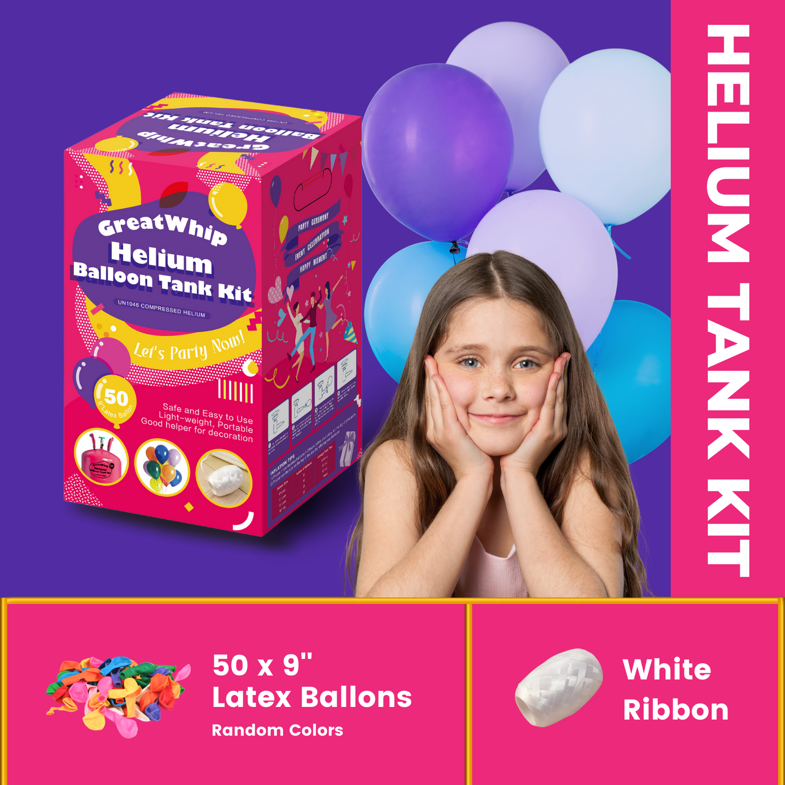 Helium Tank Kit GreatWhip 13L Party w/ white Ribbon & 50pcs 9" latex balloons 🎈