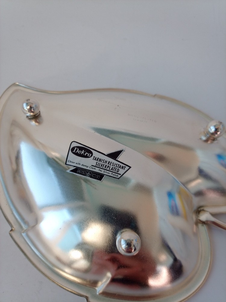 Vintage MCM Dekra Silver Plated BLUE ENAMEL Dish Bowl Leaf Shaped 7"