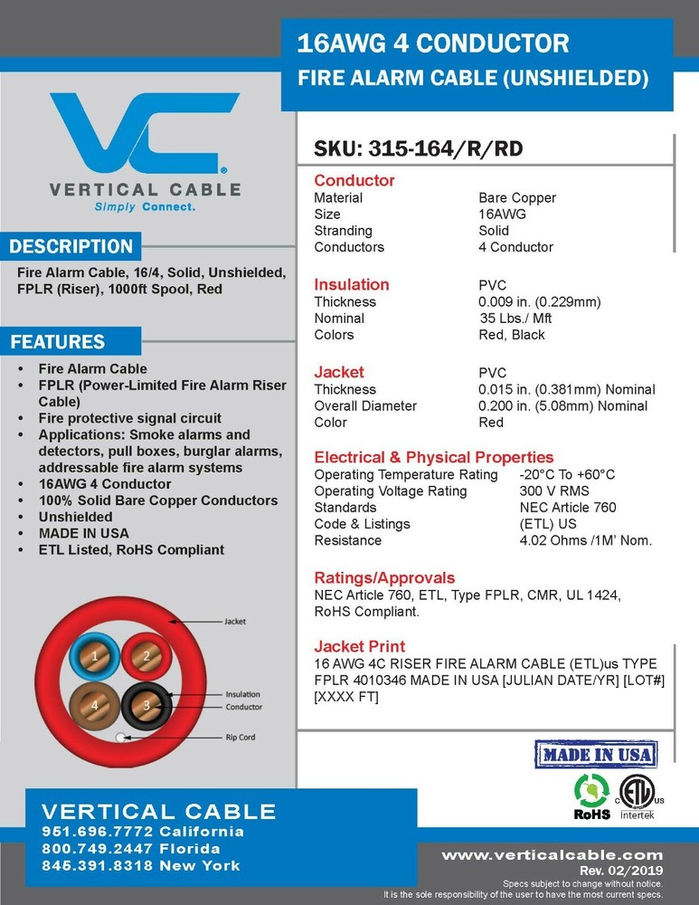 Vertical Cable 315-164/RD 16/4C Solid Riser Fire Alarm Cable FPLR Red /100ft
