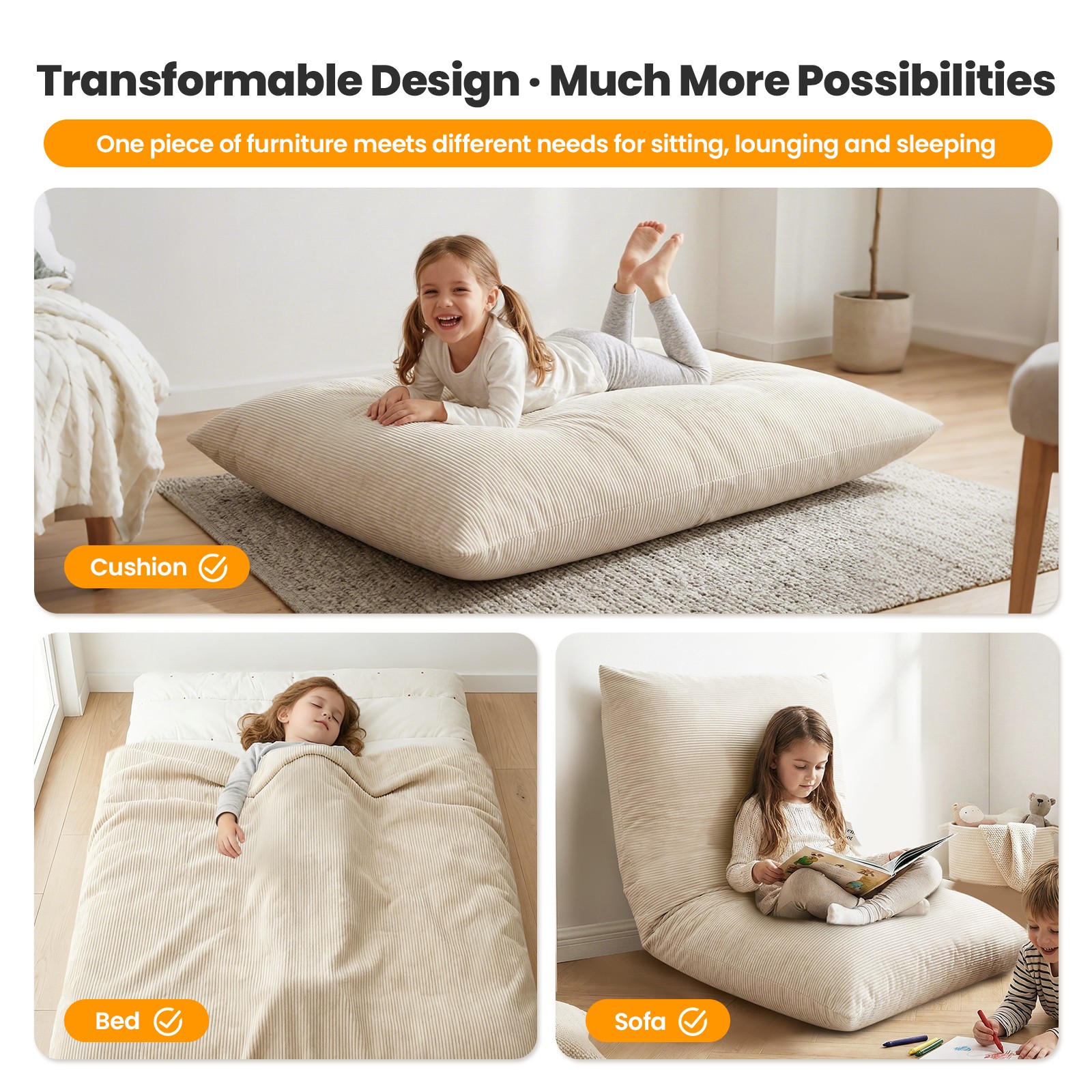 3 in 1 Kids Bean Bag Chair Bed, Convertible Chair Folds from Bean Bag to Lounger