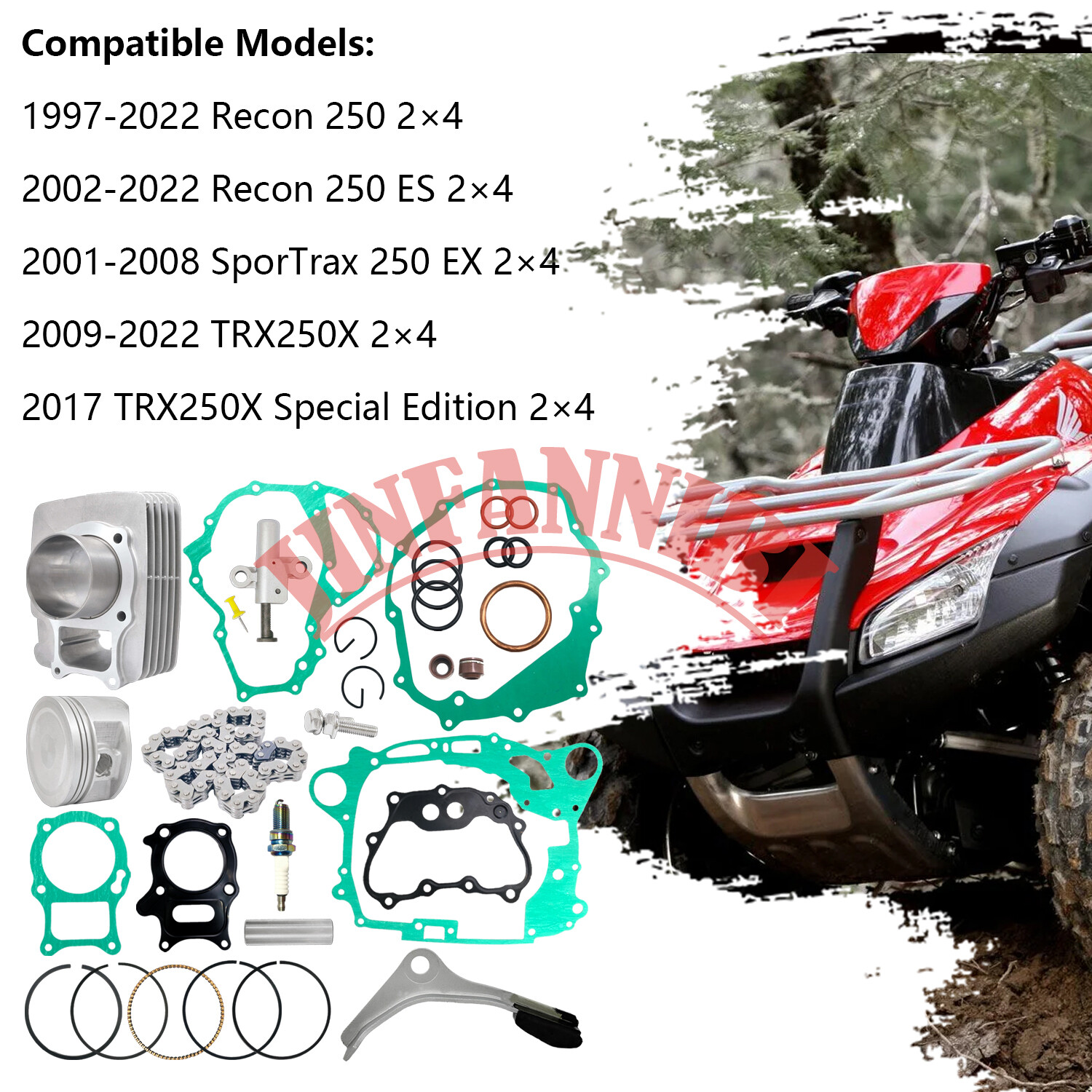 Cylinder Piston Ring Tensioner Gasket Top End Rebuild Kit for Honda Recon 250