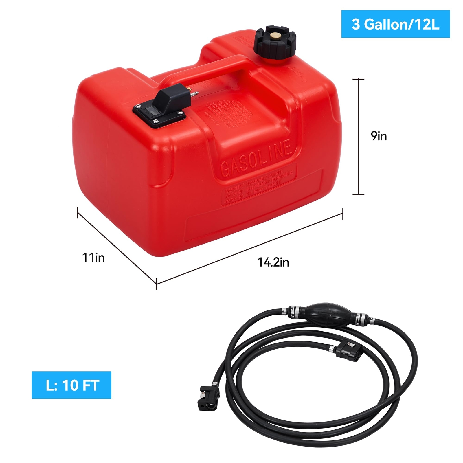 3 Gallon 12L Portable Boat Fuel Tank With Fill Hose For Marine Outboard Motor