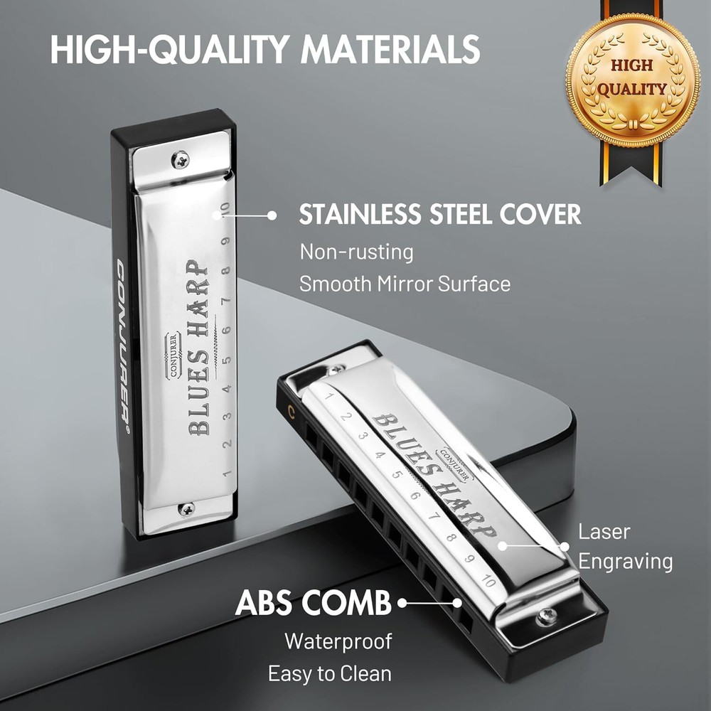 CONJURER Silver Blues Harmonica for Beginners 10 Hole Diatonic Harmonica Key C
