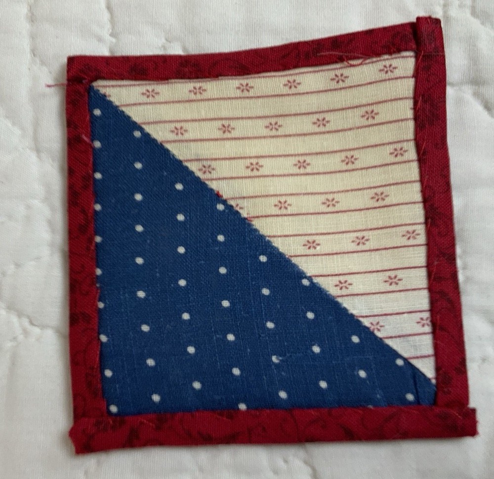 Vintage Antique Patchwork Quilt Table Topper, Mini, Triangles, Blue, Red