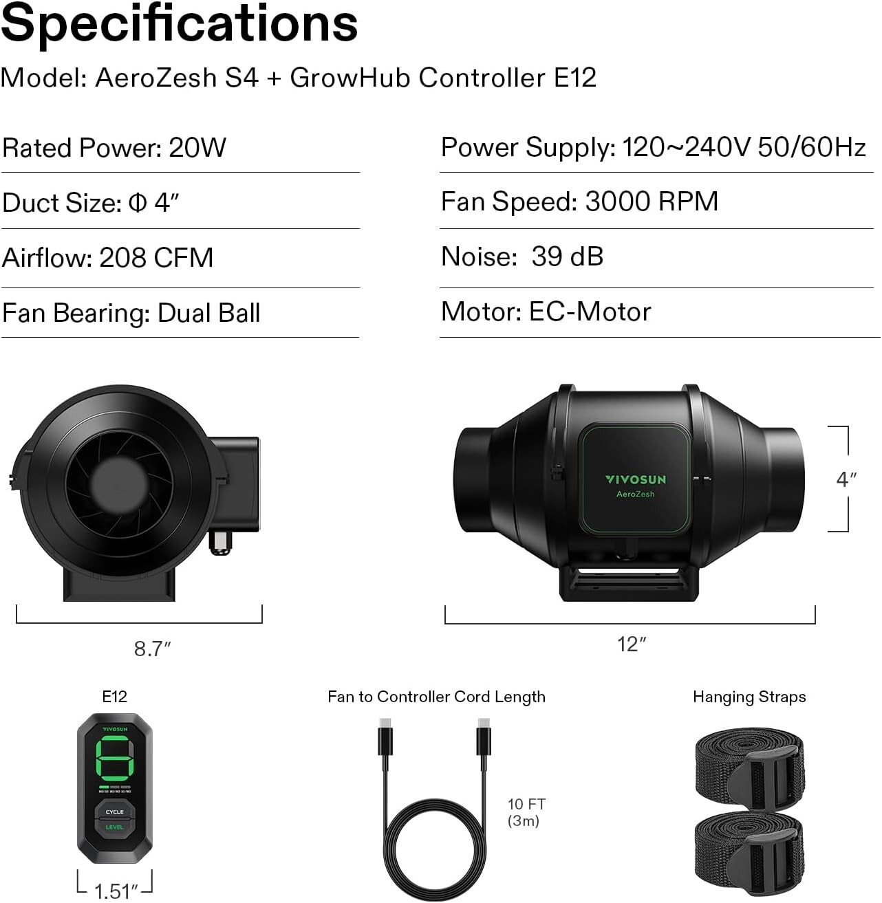 VIVOSUN AeroZesh S4/S6/S8 Inline Duct Fan Smart Ventilation System For Grow Tent