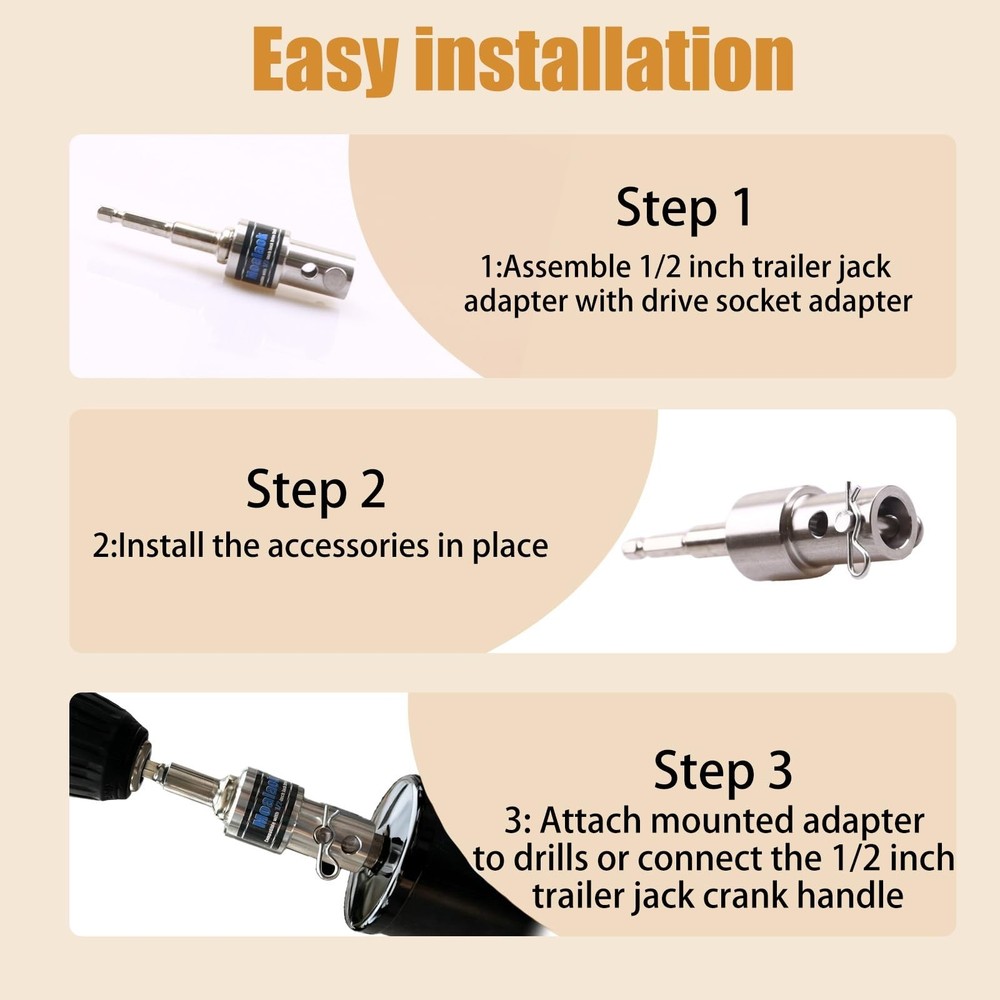 Trailer Jack Crank Handle Power Drill Adapter with 1/2" Socket Adapter Bit, U...