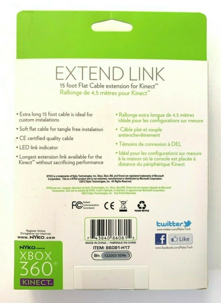 New NYKO Extend Link 15ft Flat Cable Extension for Kinect XBOX 360
