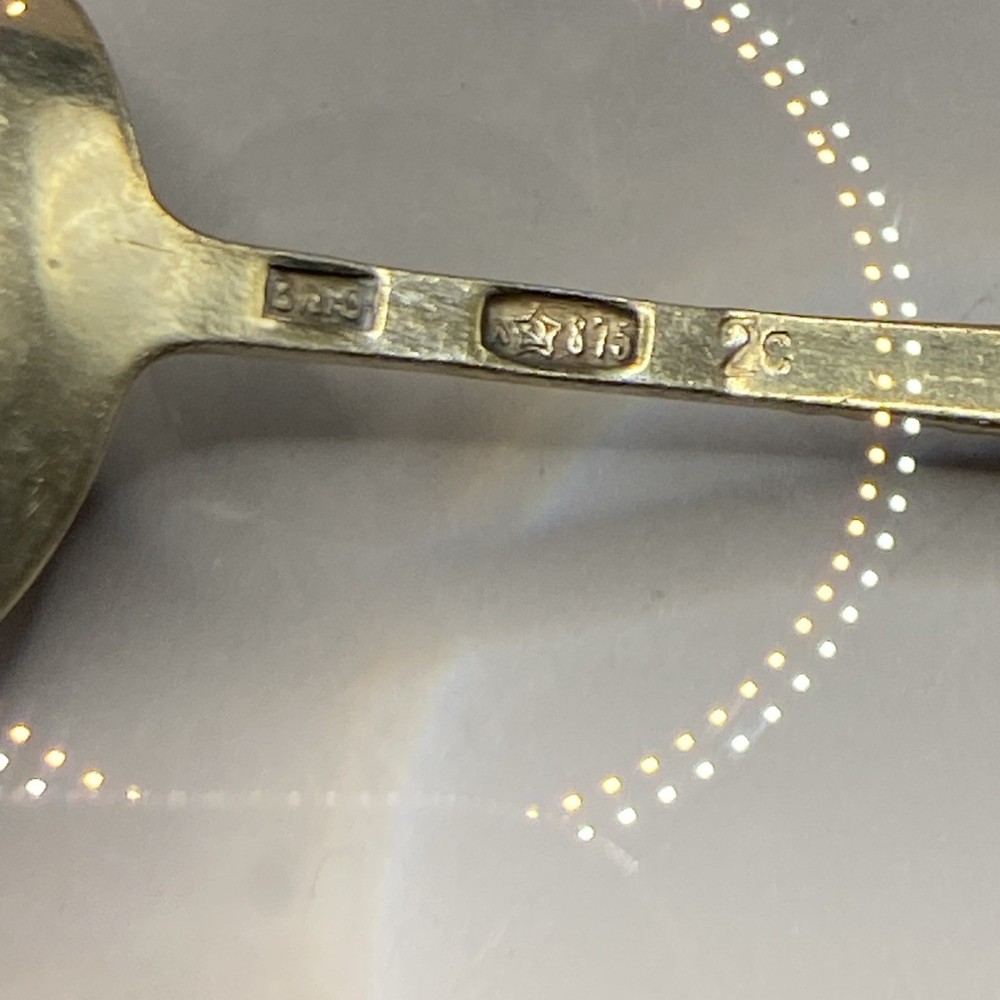 Soviet c.1908 Russian Enamel Silver Salt Spoon Marked 875 3rd Artel Workshop