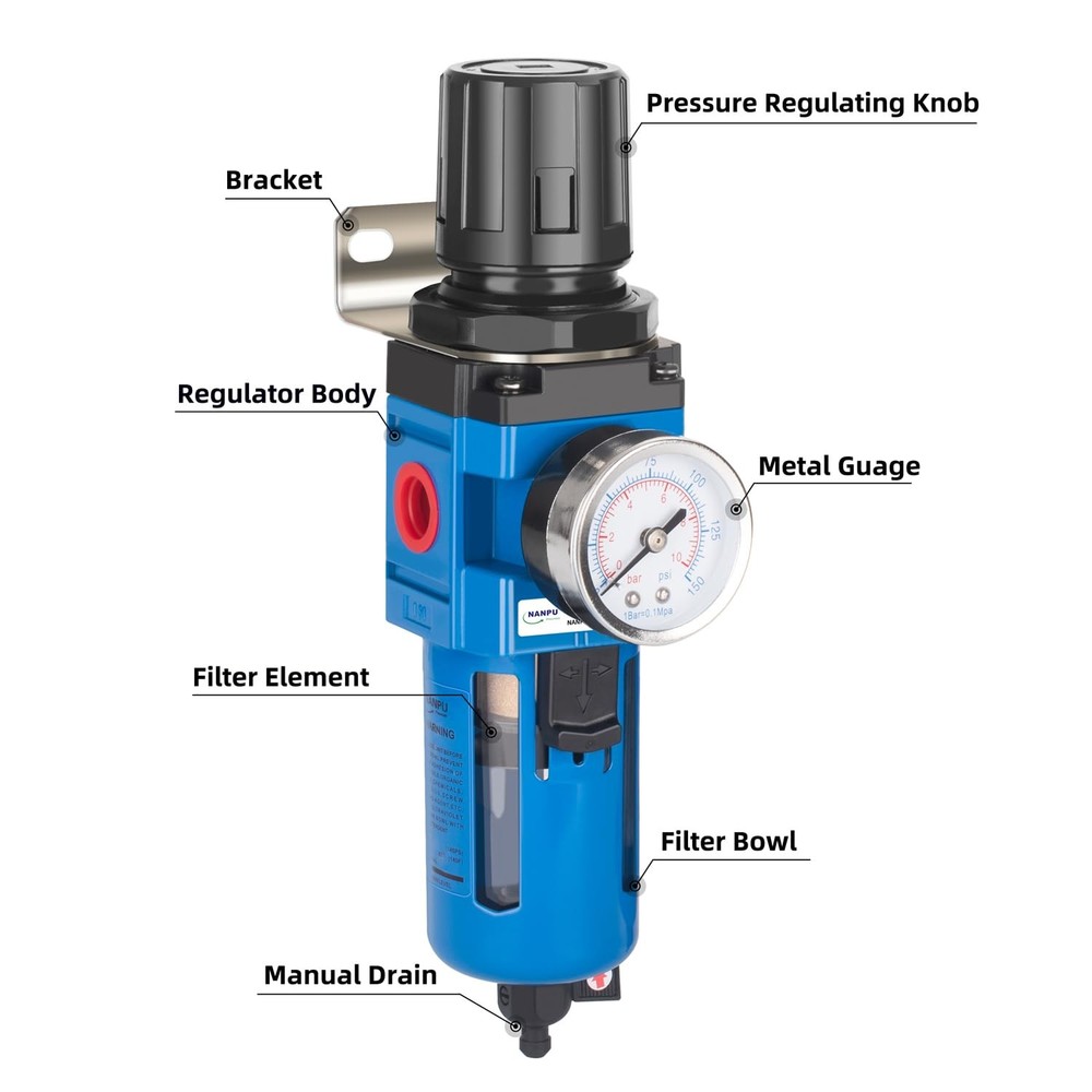 Compressed Air Filter Regulator Combo Piggyback, 5 Micron Brass 3/4" NPT