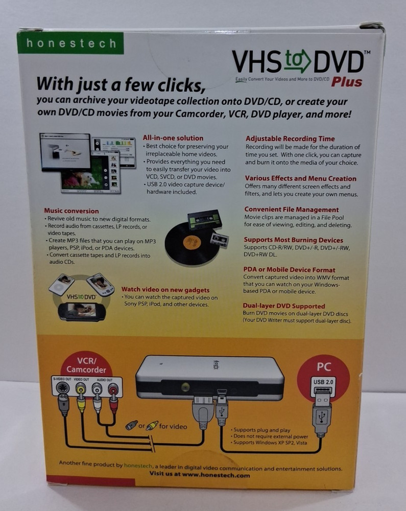 New Sealed Honestech VHS To DVD Plus Video Capture Device & Software Kit PC USB