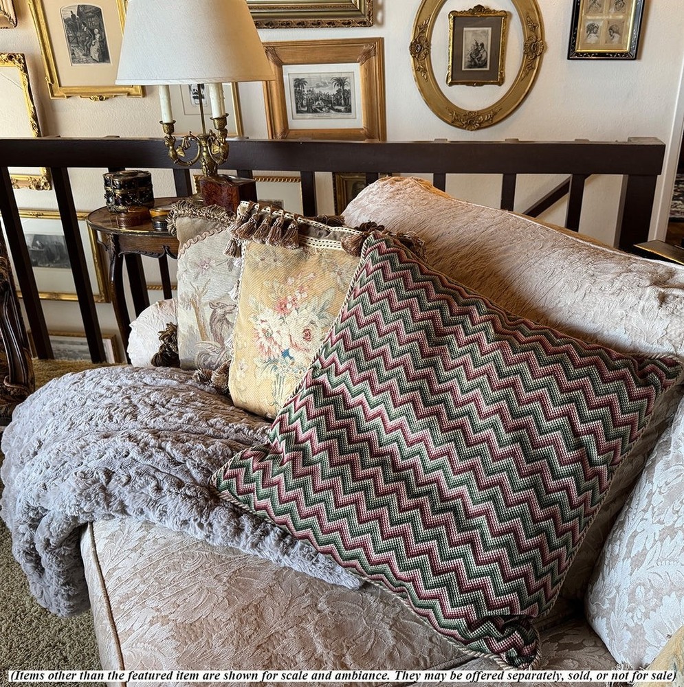 Antique British Needlepoint Topped 20" Square Throw Pillow, Down-Feather Insert