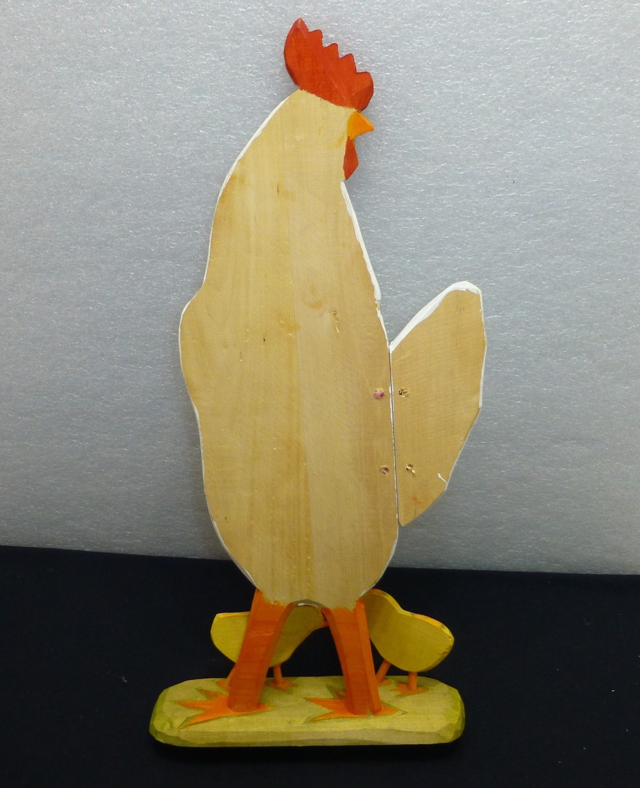 Vintage large folk art carved wood rooster chicken chicks figurine art old farm