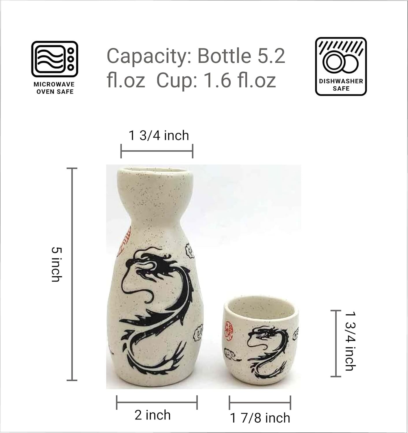 White Dragon Porcelain Sake Set Bottle Cups Saki Set Microwave Safe 5 oz S-4912
