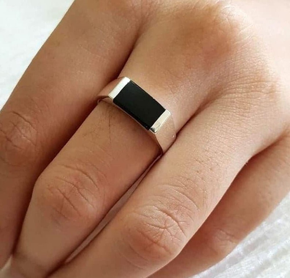 Men’s Black Onyx Style Ring Silver Minimalist Rectangular Signet Band