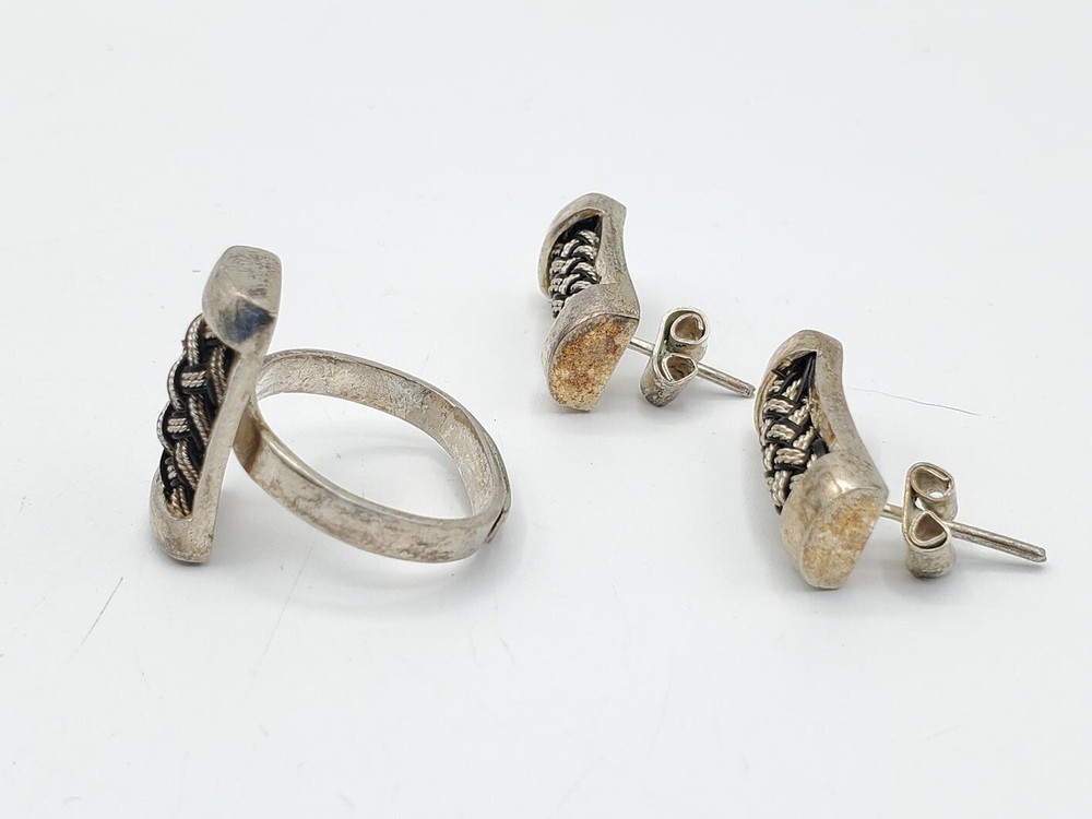 850 Sterling Silver Weave Pattern Ring And Earring Set