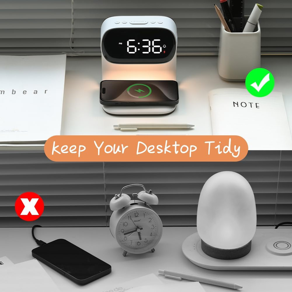 Alarm Clock with Wireless Charging,Dimmable Night Light,Snooze Function,10W Fast