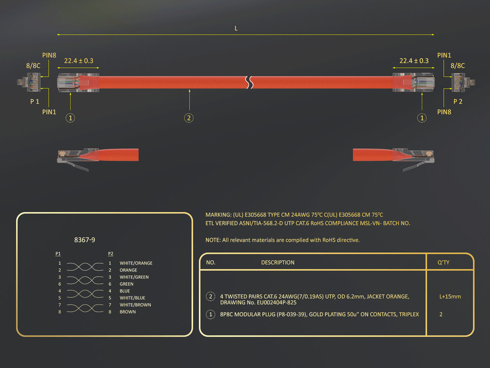 10ft Cat6 UTP Non-Booted Ethernet Network Patch Cable 24AWG Bare Copper, Orange