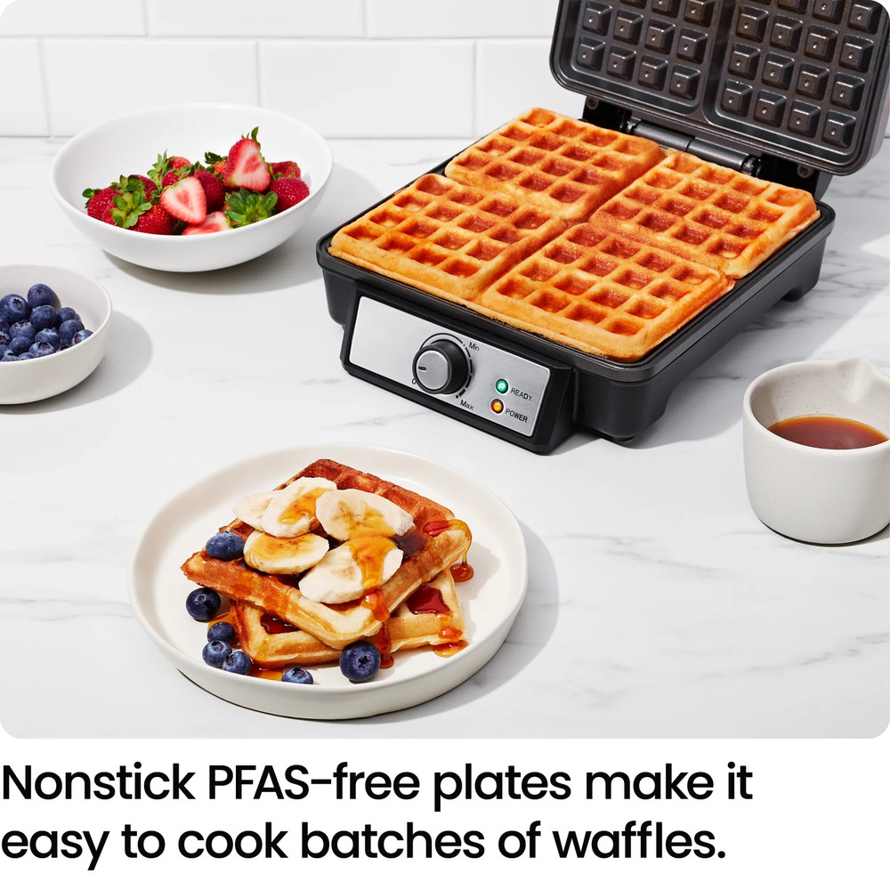 4 Slice Belgian Waffle Maker W/ Adjustable Temperature, Stainless Steel