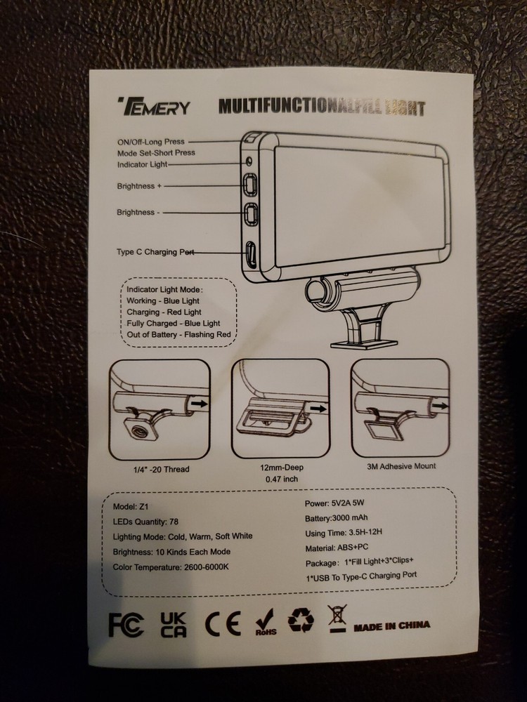 Temery Digital Portable Fill Light Camera Accessory