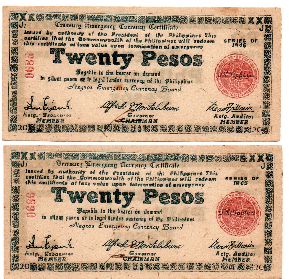 PHILIPPINES Negros Emergency Note 1945 20 Pesos S685 UNC 2 Notes In Sequence