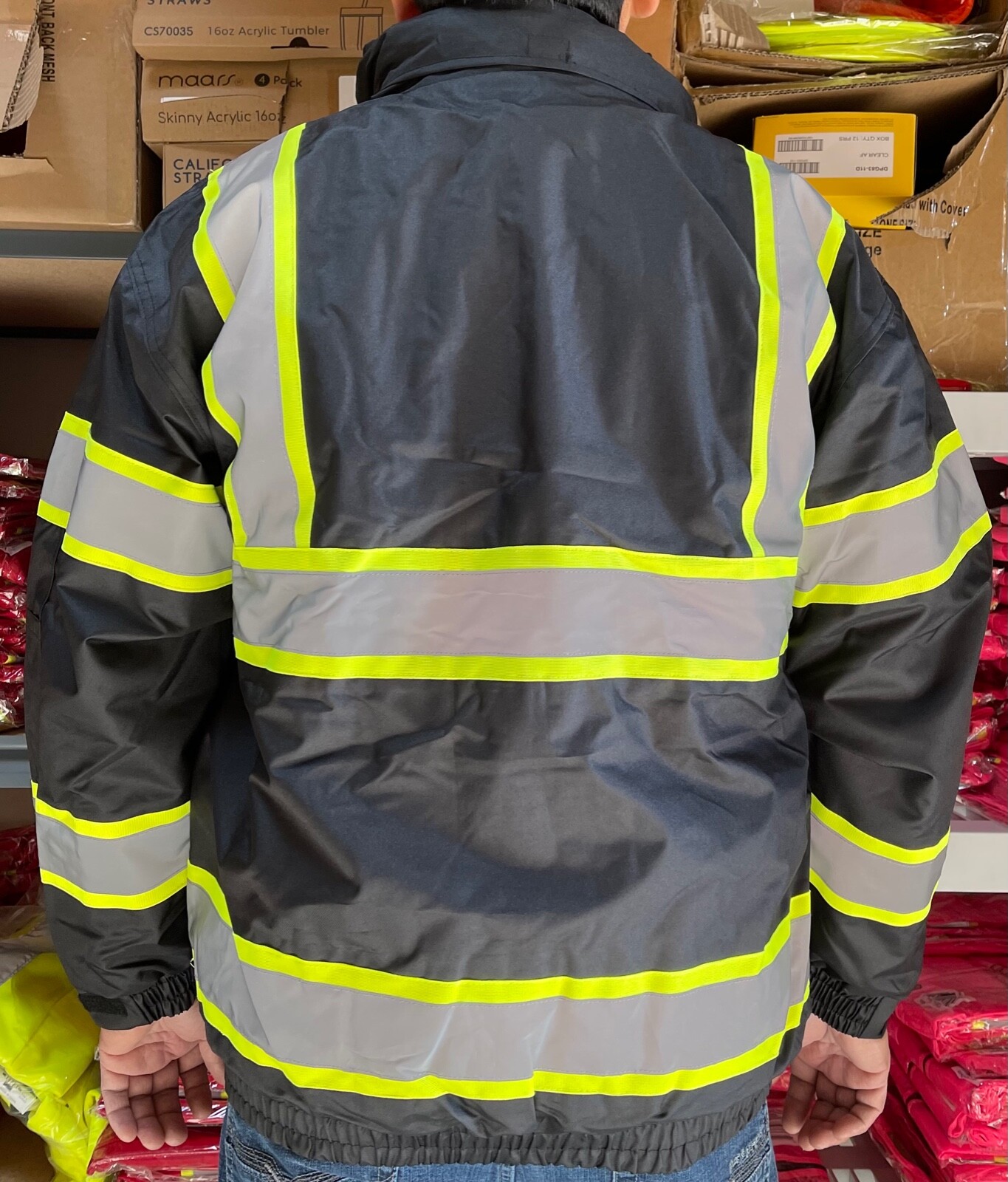 Black Class 3 Reflective Safety Bomber Jacket with Quilted Liner