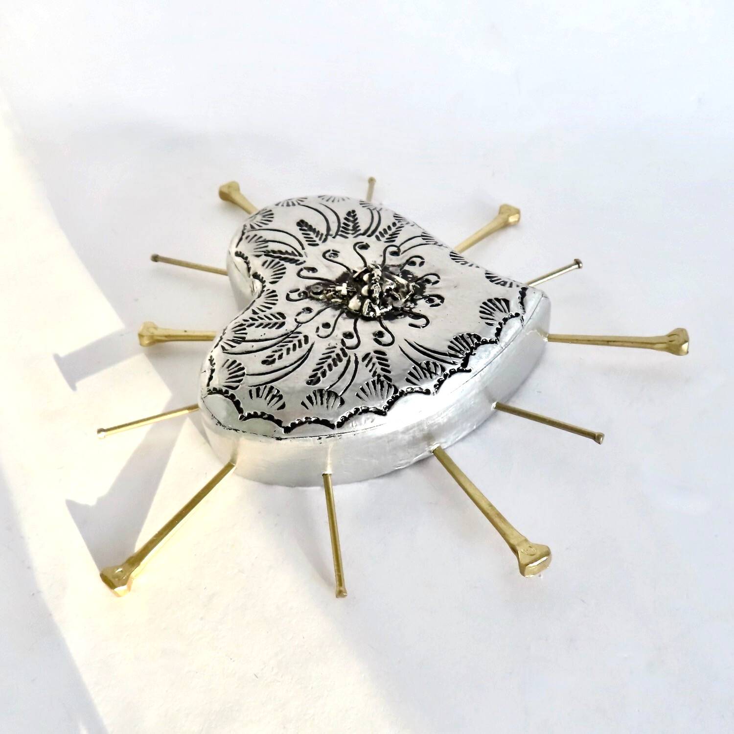 Milagros Sacred Heart Nails Wood Silver Embossed Handmade Mexican Folk Art 6H