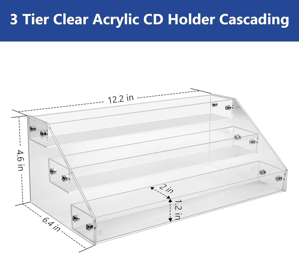 3Tier Clear Acrylic CD Holder Cascading CD Storage Rack,DVD/CD Display Rack & Vi