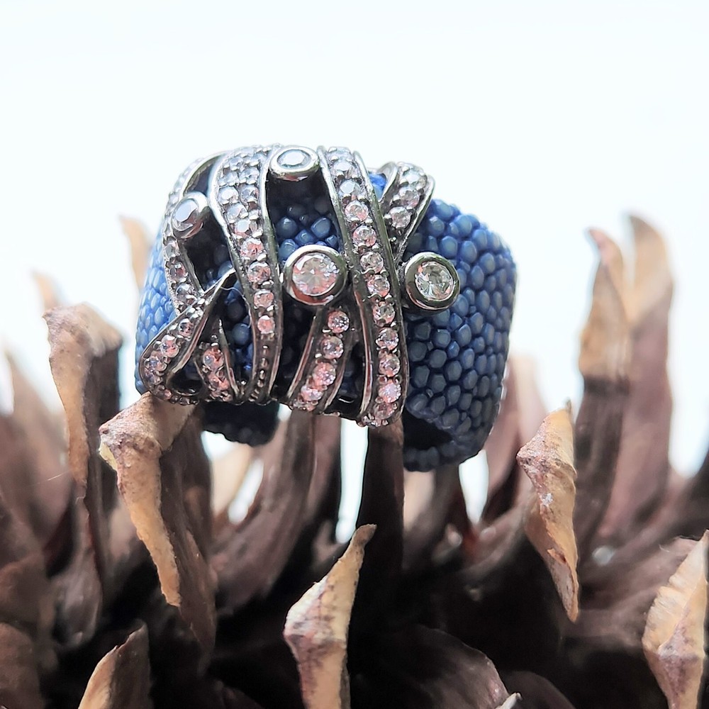 BLUE STINGRAY LEATHER, OXIDIZED STERLING SILVER, WTITE TOPAZ Adjustable Ring