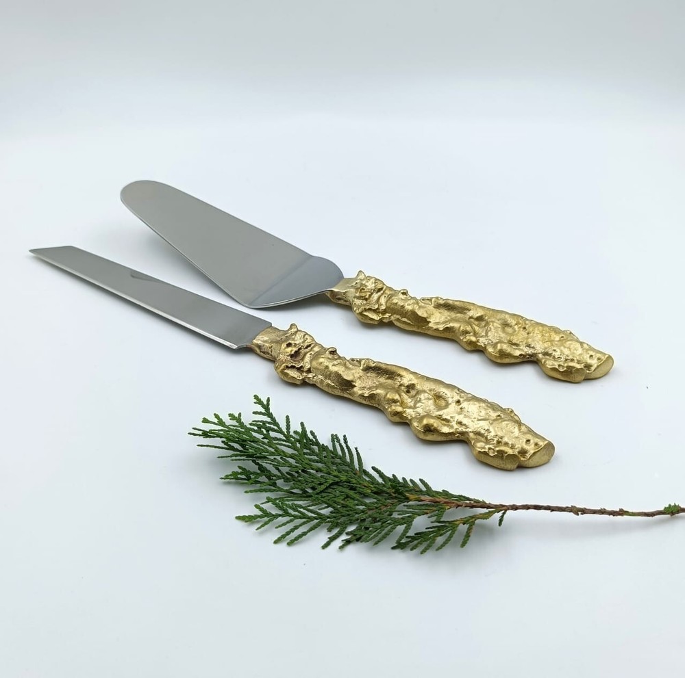 Modern Elegance Cake Server & Knife Set – Brass & Steel Wedding Tableware