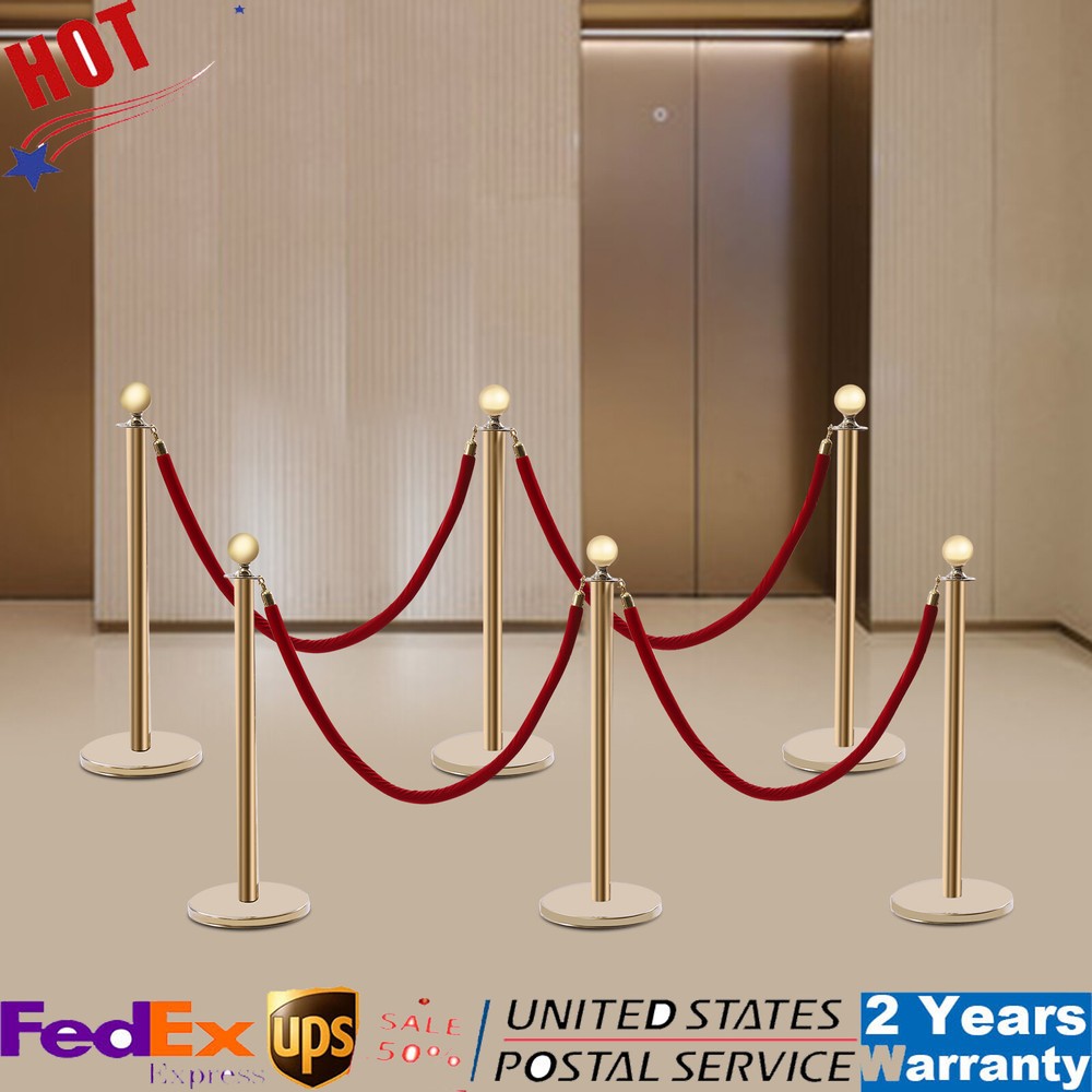 6 Pcs Red Velvet Rope +Gold Stanchion Post Set Crowd Control Queue Pole Barrier