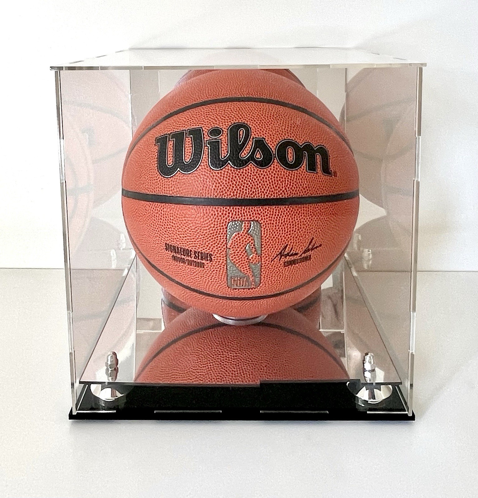 Basketball Display Case with Silver Cones, Mirror Base and Mirror Back