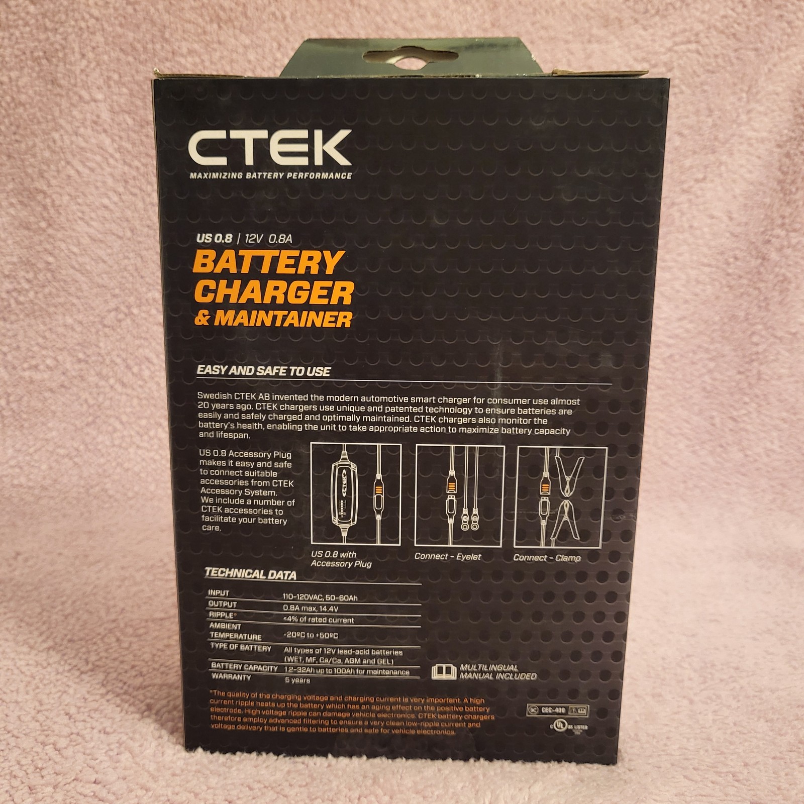 CTEK US 0.8 12 VOLT Battery Charger And Maintainer 0.8A