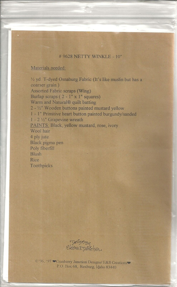 CRANBERRY JUNCTION 10" NETTY WINKLE SEWING PATTERN #9628 ©1996/97