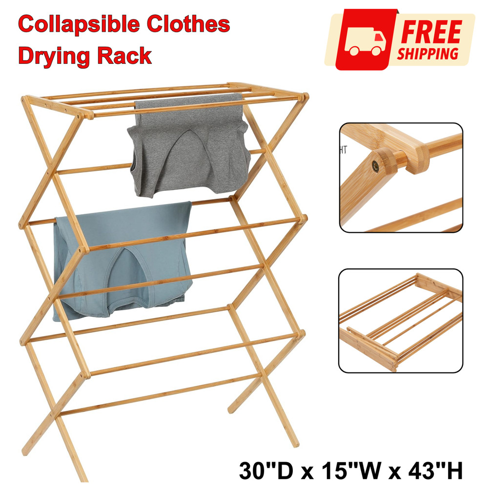 Space-Saving Collapsible Bamboo Laundry Drying Rack Clothes Foldable In&Outdoor