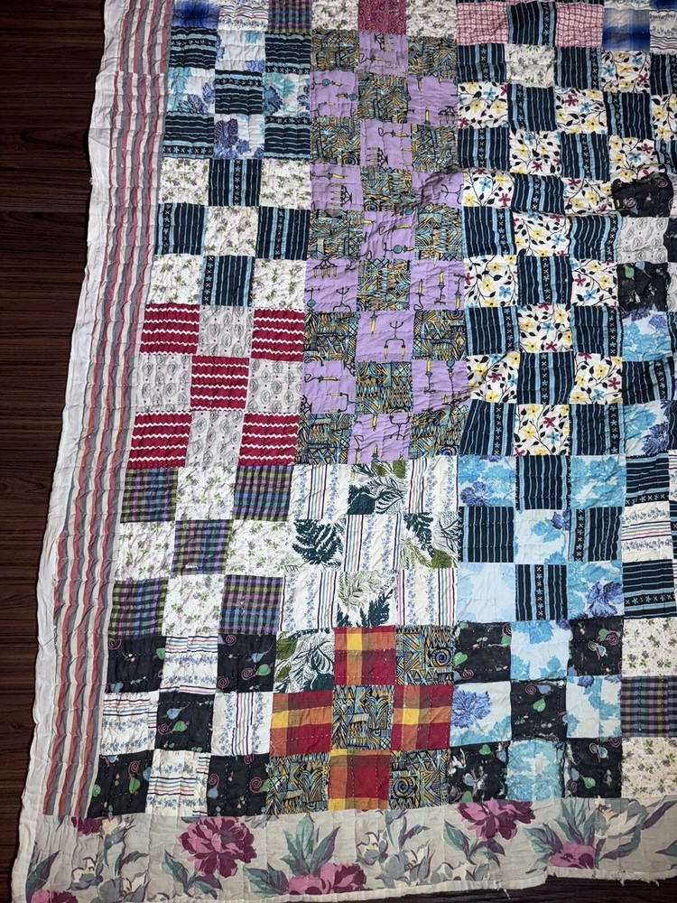 Vintage Hand Stitched Patchwork Quilt 81”x68” Fun Fabric Flawed Signed 60’s