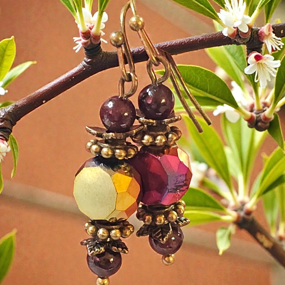 Garnet & Crystal Earrings Antique Bronze Dangle Drop Hook Handmade