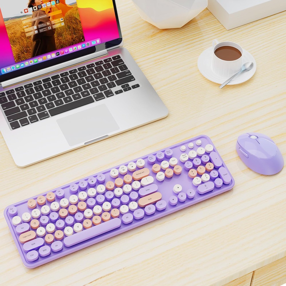 Wireless Keyboard and Mouse Combo, Retro Typewriter Keyboard with Round Keyca...