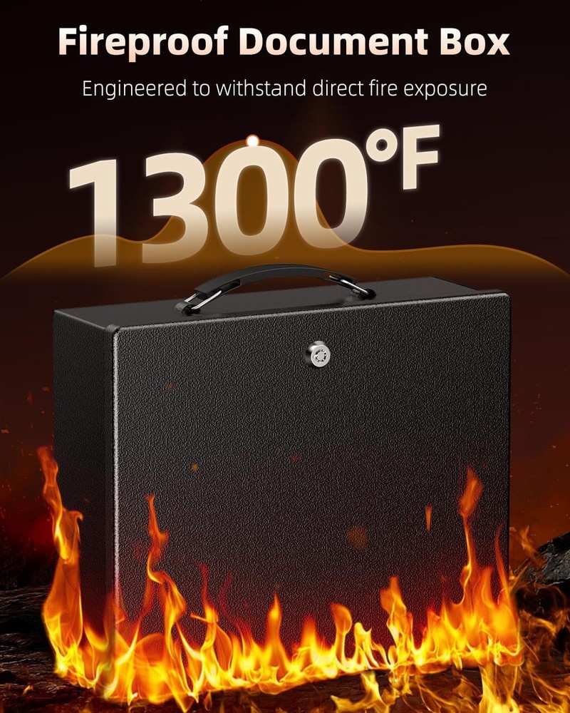 Fireproof Document Box with Key Lock & Handle, 13" X 10.9" X 4.1", Large Lock Bo