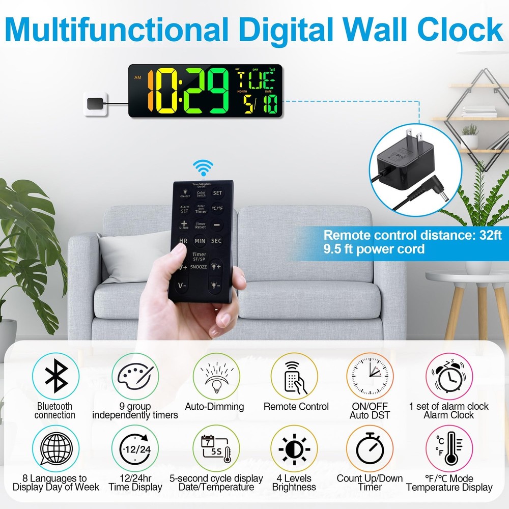 CYMHCHL Large Digital Wall Clock 17.2" Bluetooth Auto Time Sync Led Digital C...