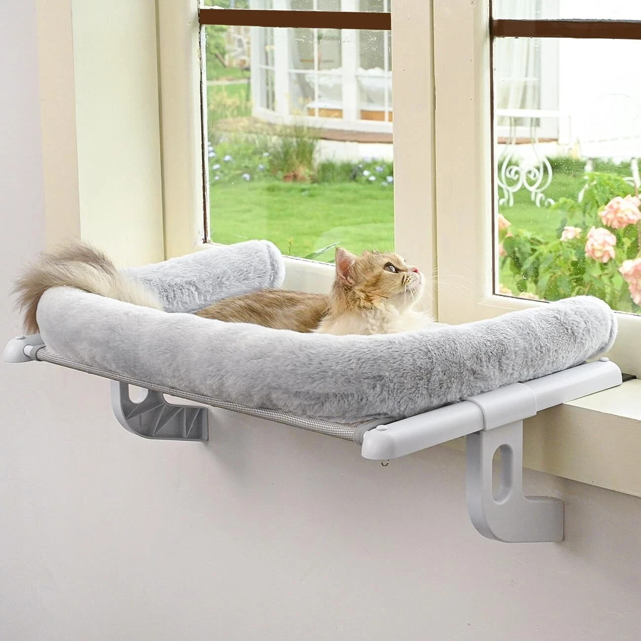 Cat Window Perch with Bolster, Adjustable Hammock Seat for Large Cats Gray