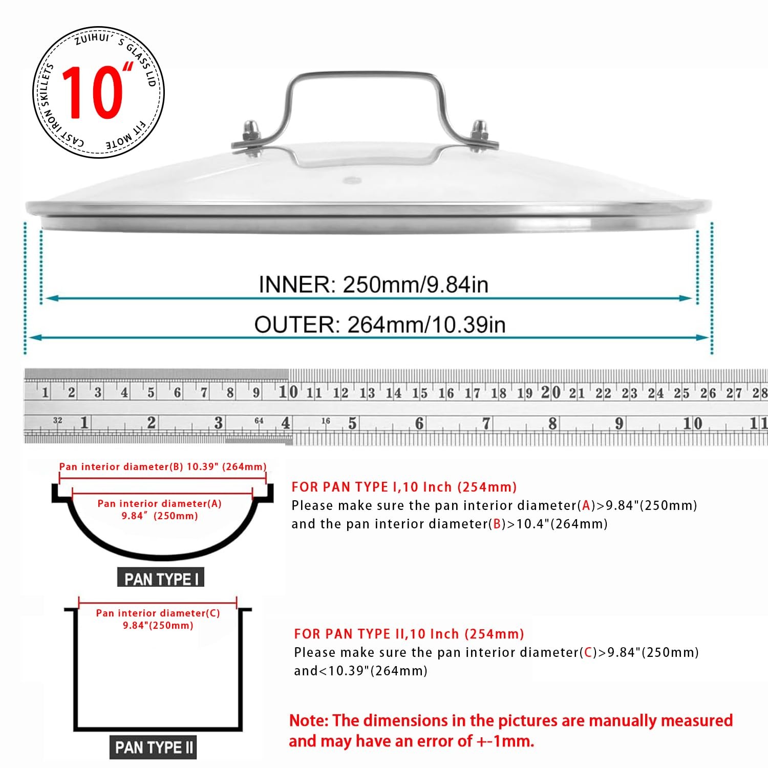 10 Inch Tempered Glass Pan Lid, 10" Glass Covers for Pots, Frying Pan, Pans and