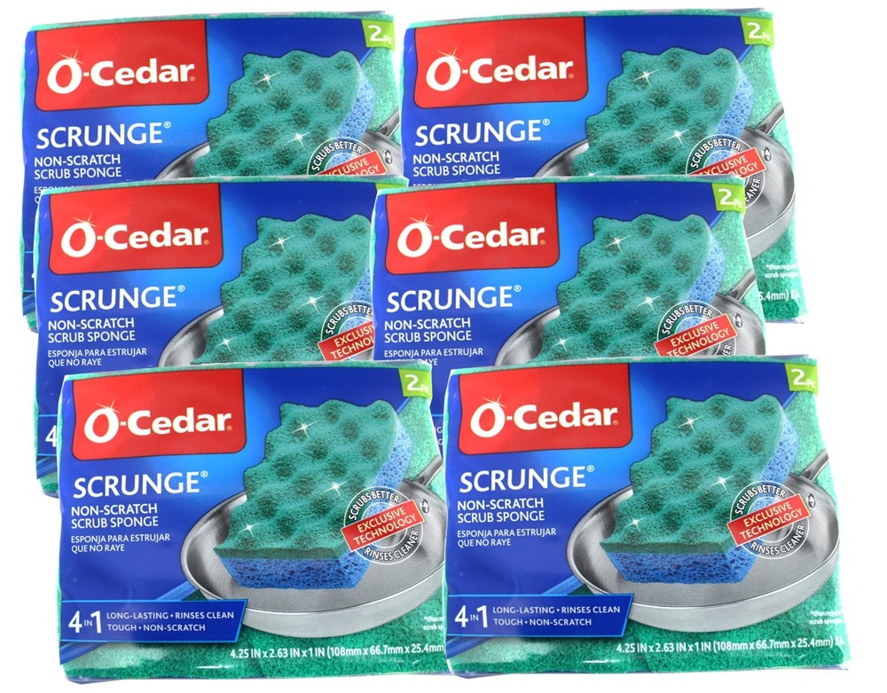 O-Cedar Scrunge Multi-Use Sponge Non-Scratch Long-Lasting, Tough, 2 Count 6 Pack