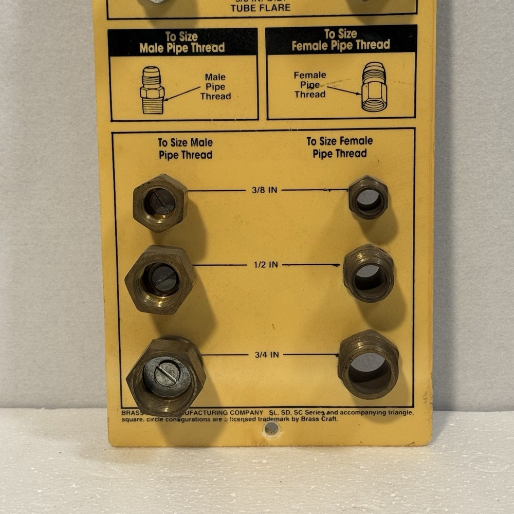 Brass Craft Gas Connector Sizing Guide Tool Board display Size Thread samples