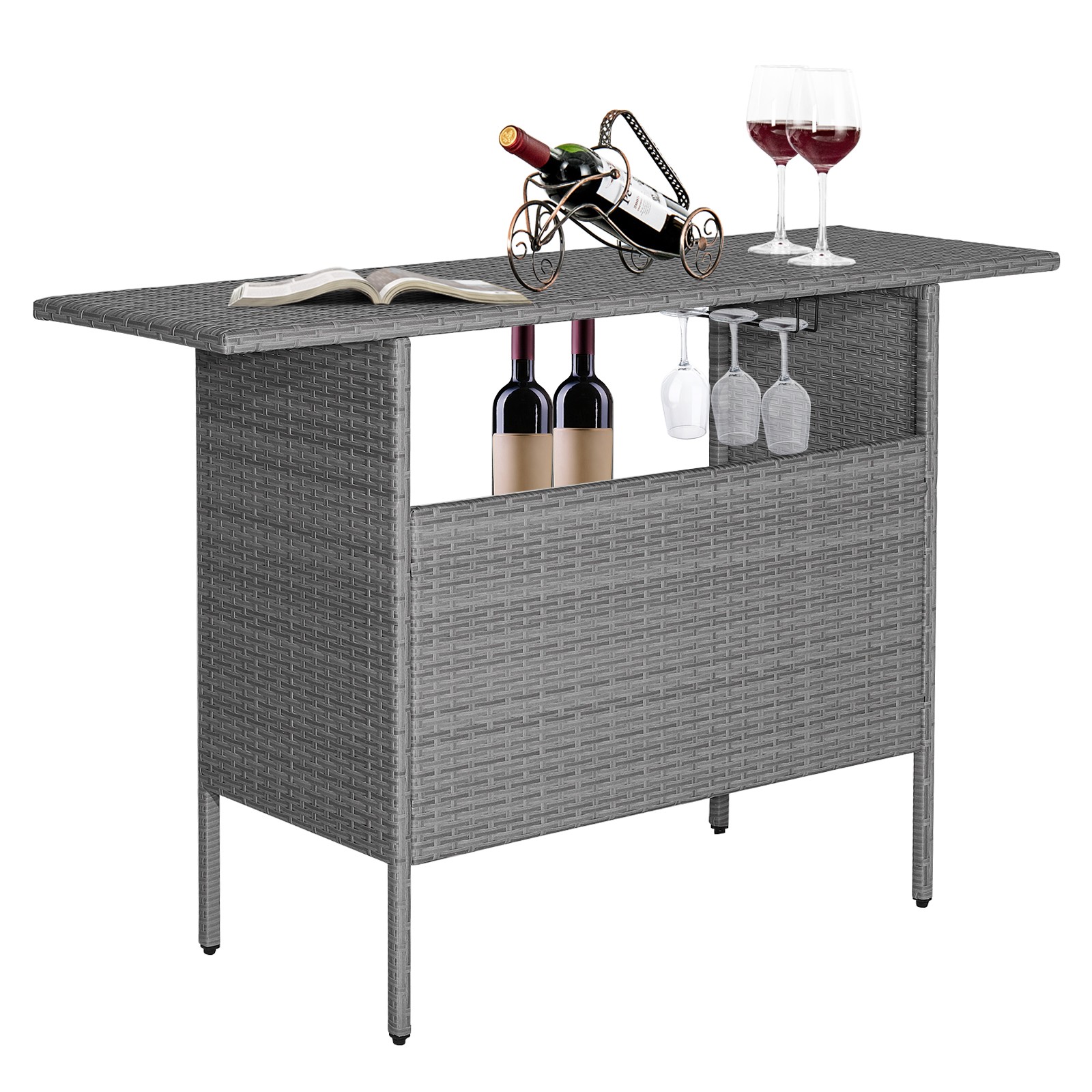 Outdoor Patio Wicker Bar Table w/ 55” Large Tabletop & 2 Metal Shelves Mix Grey
