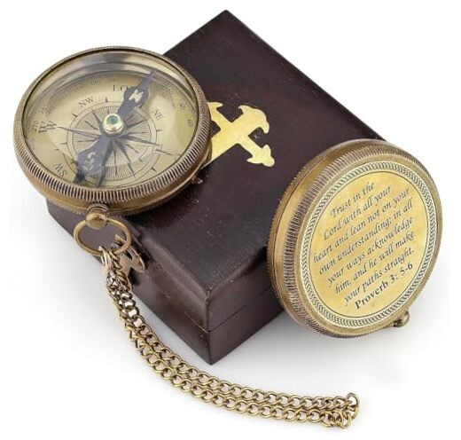 Brass Compass Gift with Display Box - Engraved Scripture Prayer Aged Brass