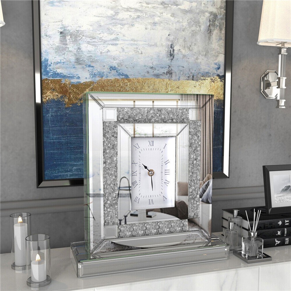 Polished Silver Table Desktop Clock Crush Diamond Surrounded Fireplace Ornaments