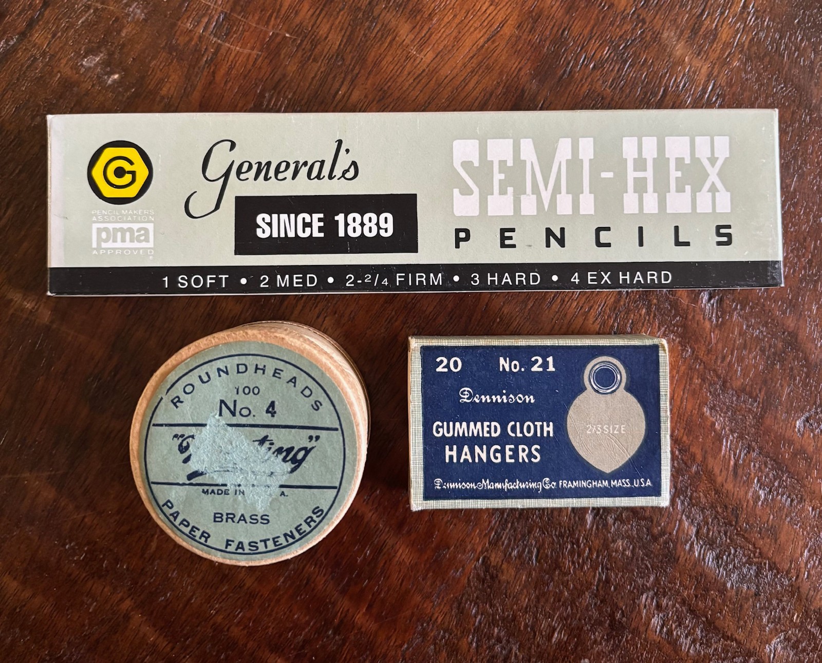 Vintage office supplies VTG brass fasteners gummed hangers pencils made in USA
