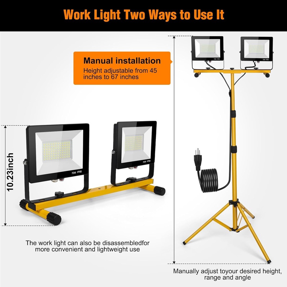 LED Work Lights with Stand, 21000 Lumen, 2-Head Adjustable Work Light