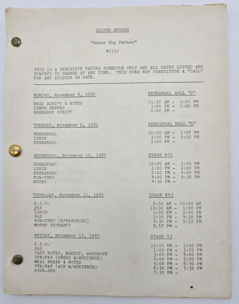 SILVER SPOONS / 1982 TV Series Script, Ricky Schroder "Honor Thy Father"
